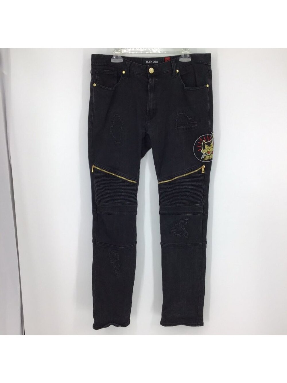 Makobi Streetwear Mens Jeans Black Gold Zipper 36 x 34 Ribbed Urban Biker M1767